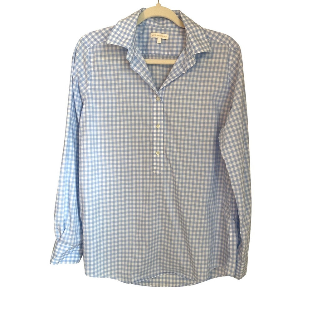Ann Mashburn Tomboy Popover Shirt Sky Blue Gingham Poplin Size L
